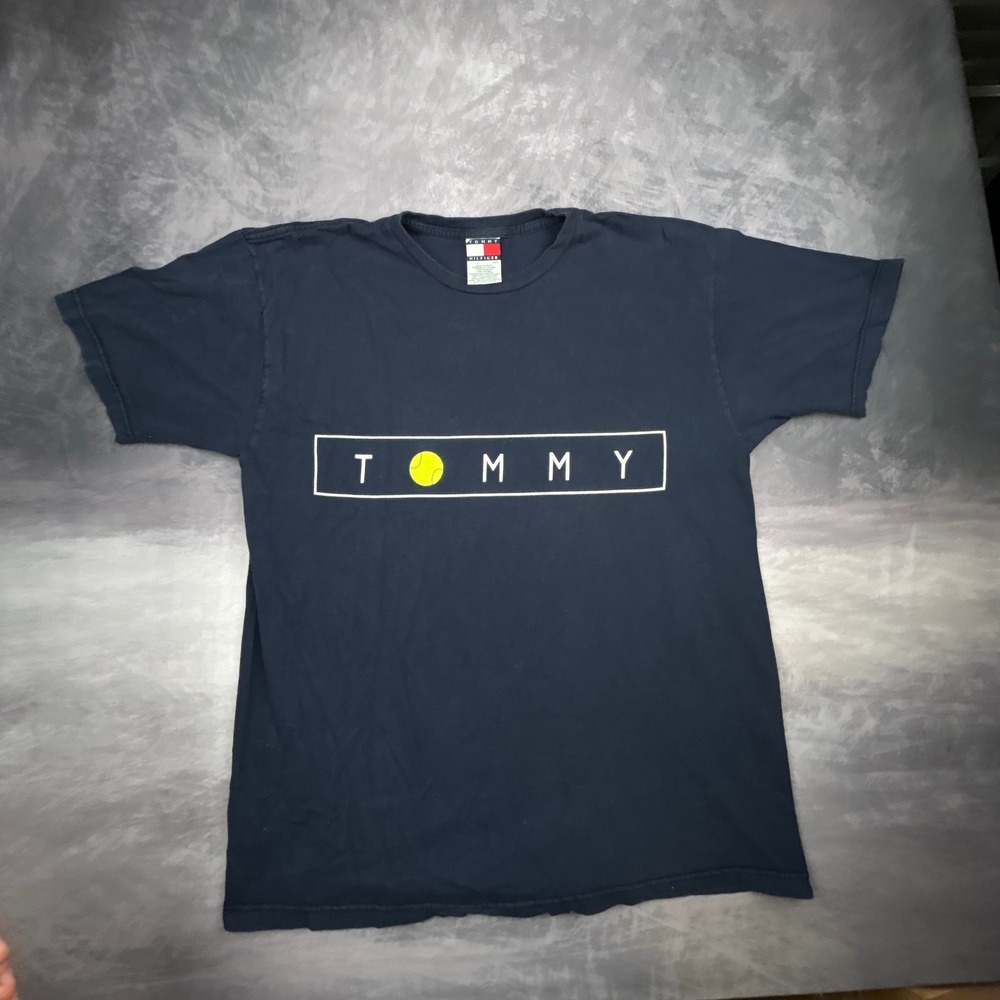 Vintage Tommy Hilfiger Tennis Graphic T-Shirt Navy Blue Mens Large 90s Y2K Boxy - Picture 2 of 7